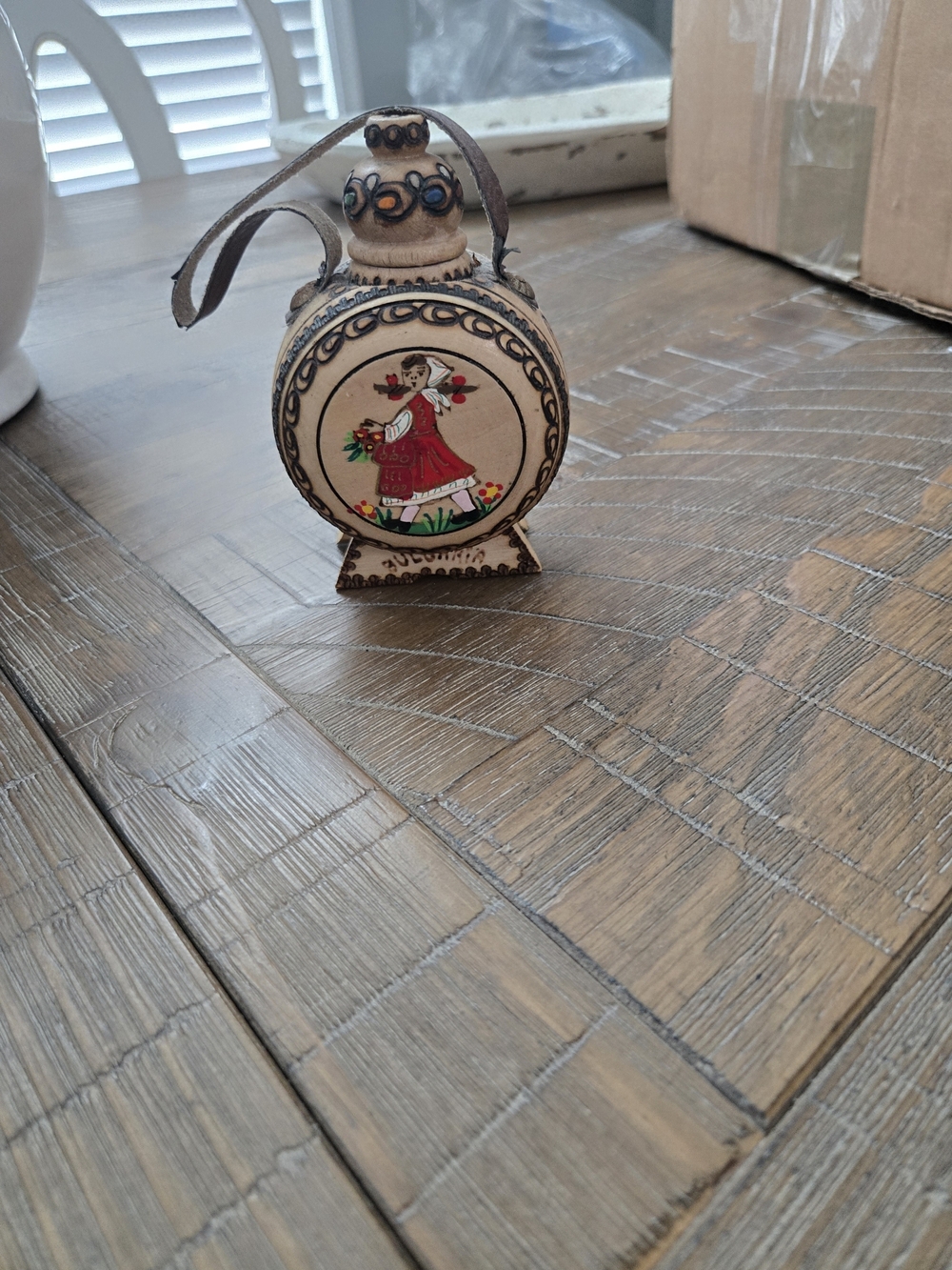 Hand-Painted Round Wooden Flask Ornament - Red Floral Dress Bulgarian